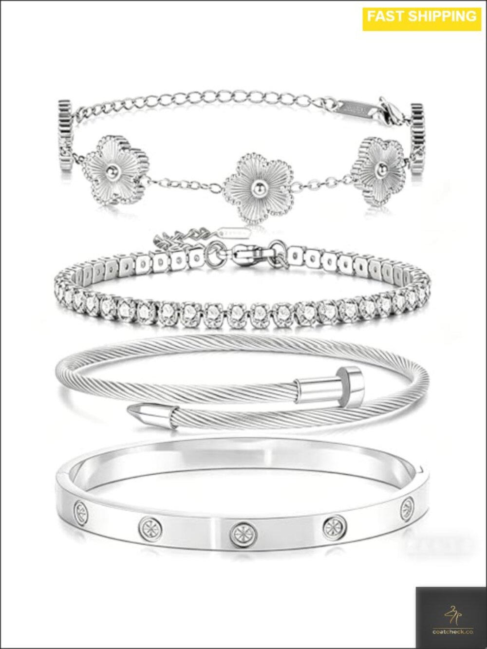 18K Gold Plated Stackable Clover Bracelet Set Non Tarnish Cubic Zirconia Bangle